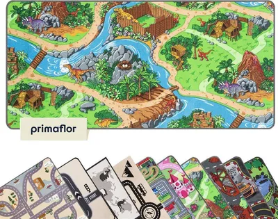 A collage of children's play mats, with the top image showing a dinosaur-themed mat and the bottom showing several other mats with different designs.