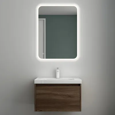 Produktbild von Mai & Mai Badmöbelset Badezimmermöbel Eiche Stirling Waschbeckenunterschrank 60 cm mit Waschschbecken aus Mineralguss und LED-Badspiegel Salerno