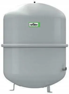A gray expansion vessel with a green label on the front.