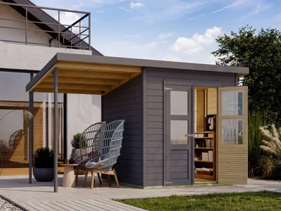 Produktbild von Gerätehaus Merseburg 5 14 mm terragrau inkl. 140 cm Anbau