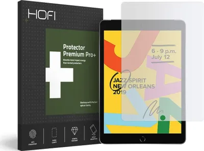 A product box and a screen protector for a tablet are shown.