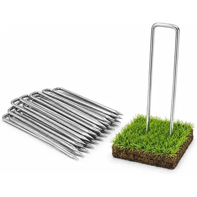 Zdjęcie produktu dla Kotwy do podłoża, 100 sztuk, kotwy U-kształtne wykonane ze stali ocynkowanej, wymiar 150 x 25 mm, średnica 3 mm, przeznaczone do mocowania tkanin ogrodniczych, geowłóknin, siatek, folii, węży, namiotów i ogrodzeń