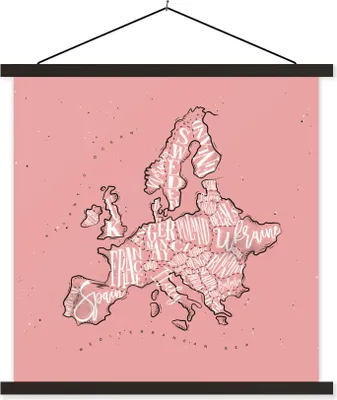 Produktbild von MuchoWow® Textilposter Karte - Europa - Rosa - Briefe 90x90 cm mit schwarzem Rahmen - Magnetisches