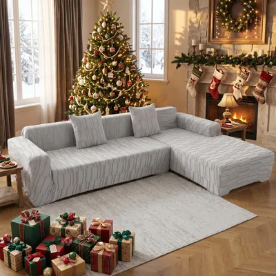 Produktbild von Dicker Jacquard Sofabezug 2-teiliges Set für L form Ecksofa, Stretch Sofahusse Universal Sofa Überzug mit 2 Stück Kissenbezug und Reinigungshandschuhe (L form-3 Sitzer + 4 Sitzer,Hellgrau)