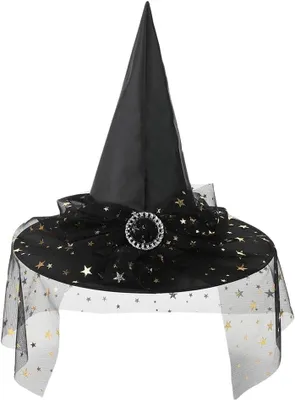Produktbild von Hut für Erwachsene, spitzer Hexenhut mit Sternenschleier und Diamantbrosche, Halloween