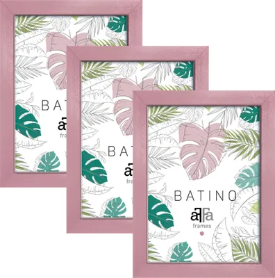 Three pink picture frames with a tropical leaf pattern are arranged in a staggered formation against a white background.