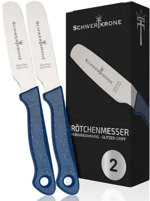 Zdjęcie produktu dla Zestaw 2 noży do chleba Schwertkrone® [WYPRODUKOWANE W NIEMCZECH] - Nóż do śniadania z ząbkami - Nóż do masła ze stali nierdzewnej - Nóż stołowy - Nóż do kanapek - Nóż do krojenia - Nóż do chleba - Mały nóż do chleba