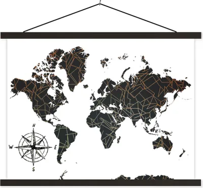 Produktbild von MuchoWow® Textilposter Weltkarte - Abstrakt - Linien 150x113 cm mit schwarzem Rahmen - Wohnzimmer