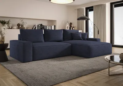 Productafbeelding van Eckbank, slaapbank, bank, model WALKEN, stof Aragon, donkerblauw, ottoman, rechts