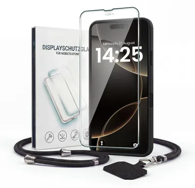 Produktbild von Handyhülle für Apple iPhone 17 Pro mit Handykette und 9H Displayglas Displayschutz Band Kordel Hülle Case Schutzhülle Schwarz