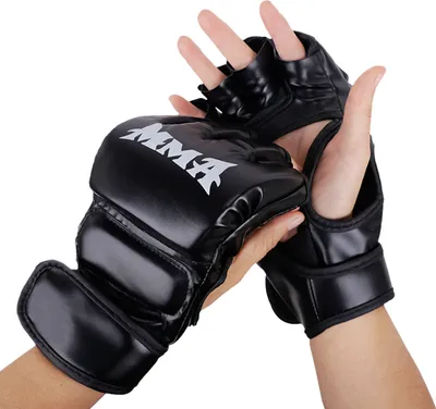 Produktbild von 1 Paar Boxhandschuhe mit Bandagen und Klettverschluss, strapazierfähig, dick gepolstert, aus Kunstleder, verstellbar, Halbfinger-Kickboxhandschuhe