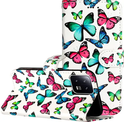 Produktbild von CLM-Tech Hülle kompatibel mit Xiaomi 13 Pro - Tasche aus Kunstleder - Klapphülle mit Ständer und Kartenfächern, bunte Schmetterlinge