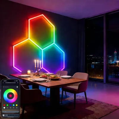 Image de Applique murale hexagonale LED RGB - 3 hexagones - Bluetooth - Contrôle via application - Télécommande - Idéale pour les salles de jeux et les chambres - Uniquement RGB