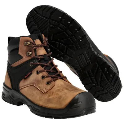 A pair of work boots is shown against a white background, with one boot standing upright and the other lying on its side, showing the sole.