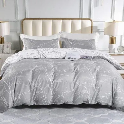 Produktbild von Famanu Bettwäsche 200 x 200 cm, 3-teilig, Blumenmuster, Mikrofaser, grau/weiß