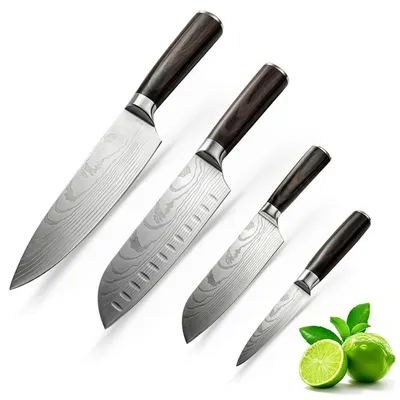 Immagine prodotto di Set di 4 coltelli da cucina in acciaio inossidabile al carbonio, lama ultra affilata, manico in legno