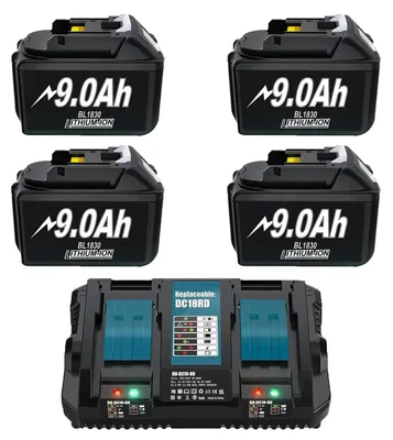 Produktbild von 18V Akku für Makita - Ersatzakku Set - 4x 9000mAh Li-Ion - Kompatibel mit BL1830 BL1840 BL1850 BL1860 - Mit Dual 6A Schnellladegerät