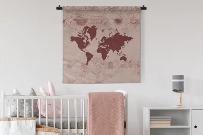 Produktbild von MuchoWow® Wandteppich Wandbehang Weltkarte - Rot - Pflanzen 90x90 cm Tapisserie Dekoration Wandtuch - Wandaufhänger