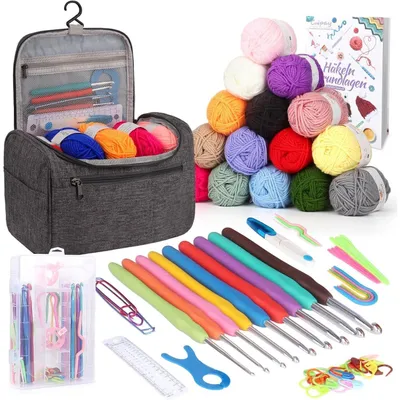 Productafbeelding van Haakset voor beginners, inclusief 15 bollen wol, ergonomische haaknaalden van metaal (2,0-10 mm), een tas en accessoires, kleur grijs
