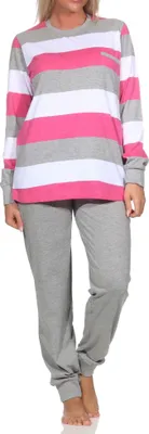 Produktbild von Normann Damen Schlafanzug langarm mit Bündchen in Blockstreifenoptik - auch in Übergrössen ; pink , 40