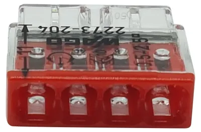Produktbild von 20 Stück Wago 2273-204 COMPACT-Verbindungsdosenklemme Ø 0,5-2,5 mm², 4-polig, transparent/rot