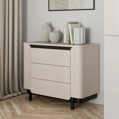 Productafbeelding van Forte VODOL Kommode 90 100, moderne commode met 3 lades en een afgerond design, gemaakt van houtvezel, kleur: kasjmierenbeige, afmetingen: 95,6 cm breed x 77,9 cm hoog x 44,8 cm diep