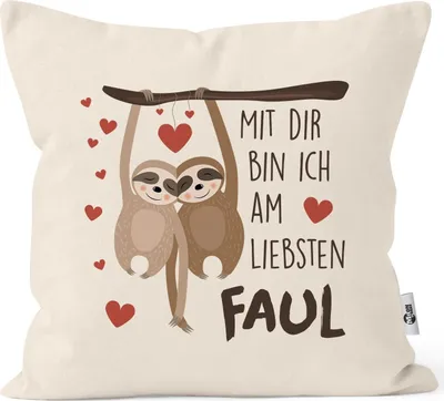Produktbild von Kissen-Bezug Spruch Mit dir bin ich am liebsten faul Faultier Geschenk Liebe Freundschaft Valentinstag Geburtstag Freund Freundin MoonWorks® natur unisize