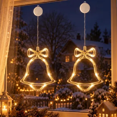 Imagen del producto de Kit de 2 guirnaldas de luces LED para ventanas, con ganchos adhesivos, alimentadas por batería, decoración navideña, ideal para fiestas y celebraciones. Diseño de campana