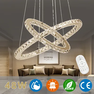 Produktbild von XMTECH 48W LED Kristall Design Hängelampe Deckenlampe Höhenverstellbar Pendelleuchte Dimmbar Kronleuchter Hängeleuchte Zwei Ringe Lüster