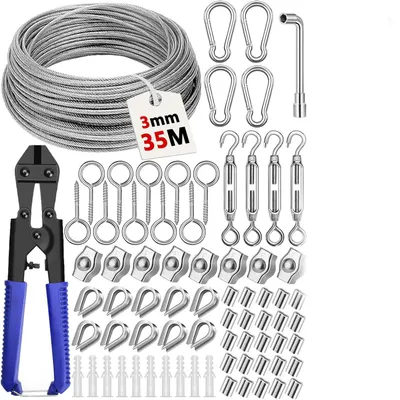 Produktbild von 35 m langes Edelstahl-Aufhängeseil-Set, 3 mm Edelstahlseil (304) mit Seilspanner, Stahlseilklemme, ummanteltes Stahlseil für Rankgitter, Wäscheleinen und Geländer im Außenbereich