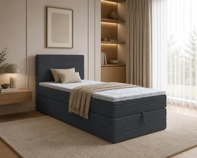 Produktbild von Boxspringbett NESO MINI, Bett mit Cordstoffbezug Einzelbett mit Bonellfederkernmatratze, Bettkasten (80x200, Schwarz - Tilia 100, ohne topper)
