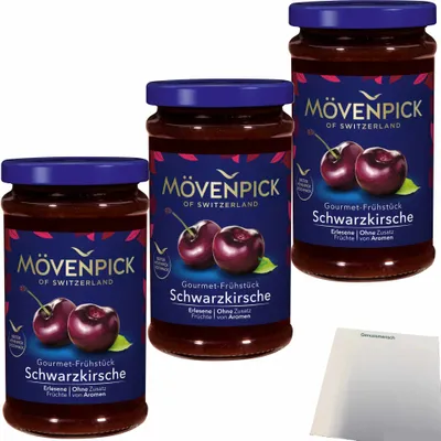 Produktbild von Mövenpick Gourmet-Frühstück Schwarzkirsche Fruchtaufstrich 3er Pack (3x250g Glas) + usy Block