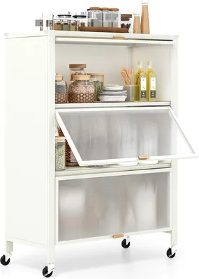 Produktbild von COSTWAY 4 stufiges Küchenregal, Mikrowellenständer mit Rollen, aufklappbaren PC-Türen & Abnehmbarer Rückwand, Küchenschrank, Standregal, Weiß
