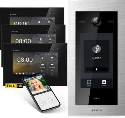 Produktbild von Balter EVO-HD Video Türsprechanlage mit Touchscreen schwarz, Smartphone App, 1 Familienhaus, 3x 7 Zoll Monitor, Türklingel mit Kamera Full HD, 2 Draht Bus