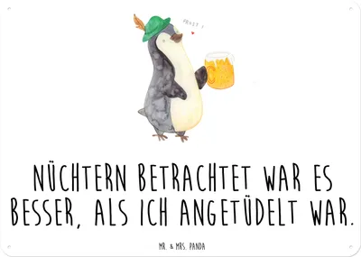Produktbild von Mr. & Mrs. Panda Schild Pinguin Bier DIN A6 - Weiß - Geschenk, Türschild, Beschwippst, Feierabend, Blechschild, Wandbild, , Wandschild Metall, Pinguine, tafel
