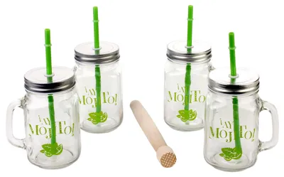 Produktbild von Trinkgläser, 4 Tassen mit Strohhalmen und Stößel aus Holz