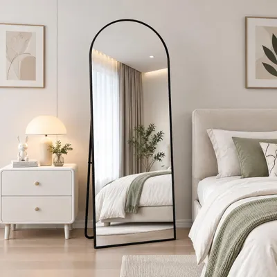 Produktbild von INONEFT Ganzkörperspiegel 162 × 53 cm, HD Schminkspiegel mit Rahmen aus Aluminiumlegierung, Standspiegel, Gehärtetes Glas, Gewölbt, Schwarz