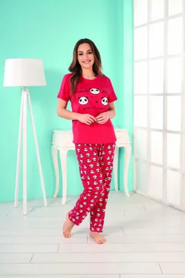 Produktbild von Damen Pyjama Schlafanzug Rot S 3-Teiler Set mit Augenband Kurz Baumwolle E-37