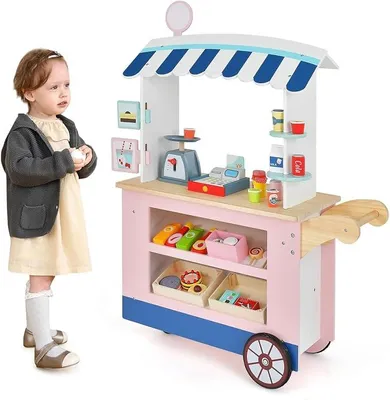 Produktbild von Kaufladen aus Holz, Kaufmannsladen mit 30 Zubehörteilen, Verkaufswagen mit 3 Rädern, Schiebegriff & Baldachin, Spielset Rollenspiele für Kinder ab 3 Jahren (Rosa)