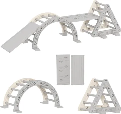 Image de AIYAPLAY 8 en 1 Triangle escalade enfants, arc d'escalade, rampe double-face pour grimper & glisser, chaise à bascule - parcours motricité bébé en HDPE et PP, 18 à 48 mois, charge max. 30 kg, gris