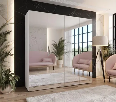 Produktbild von Viertüriger Spiegelschrank 200 cm AMARIS 3 - weiß / kaschmirfarbene Griffe