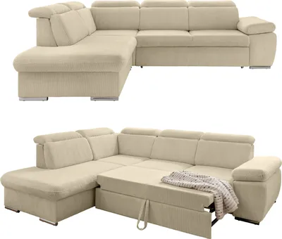 Produktbild von Ecksofa Schlaffunktion Stauraum Kopfstütze Couch Ottomane links Cord Beige Grau / 17218
