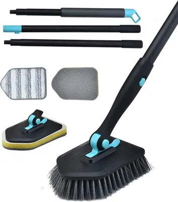 Produktbild von Unyqoos® 3‑in‑1 Badreinigungsbürste – verstellbarer Stiel 130 cm (51") aus Eisen, 180° drehbarer abnehmbarer Kopf, 4 Wechselaufsätze für Fliesen, WC und Bad