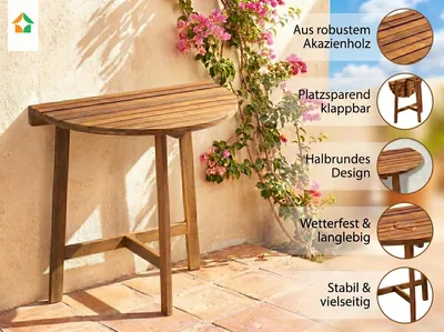 Produktbild von Klappbarer Beistelltisch halbrund aus Akazienholz 70 x 45 x 75 cm