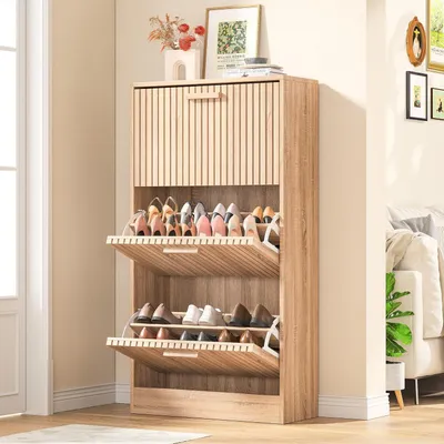 Immagine prodotto di Armadio per scarpe con 3 ante, design compatto, 6 scomparti, regolabile, dimensioni 113x24x60 cm, dotato di sistema anti-ribaltamento