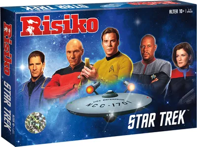The image shows the front of a Star Trek themed Risiko board game box, featuring characters from the series and the USS Enterprise.
