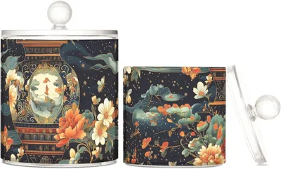 Produktbild von Transparente Kunststoffbehälter im chinesischen Stil, mit Deckel, Büroutensilien, dekorativer Aufbewahrungsbehälter für Wattestäbchen, Wattepads, Zahnseide-Picker, Büroklammern, 2 Stück