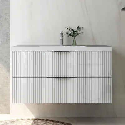 Produktbild von Waschtisch mit Unterschrank 100cm RIVA Badmöbel Set Hochglanz Weiß Waschbecken mit Unterschrank Softclose
