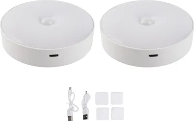 Obrázok produktu pre 2 LED svetlá s detektorom pohybu, dobíjateľné cez USB, multifunkčné, okrúhle, malé, pre vnútorné a domáce skrine