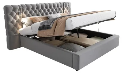 Obrázok produktu pre Postel s čalúneným čelom, 160x200 cm, sivá, s úložným priestorom, hydraulickým zdvihákom a LED osvetlením, vhodná do spálne